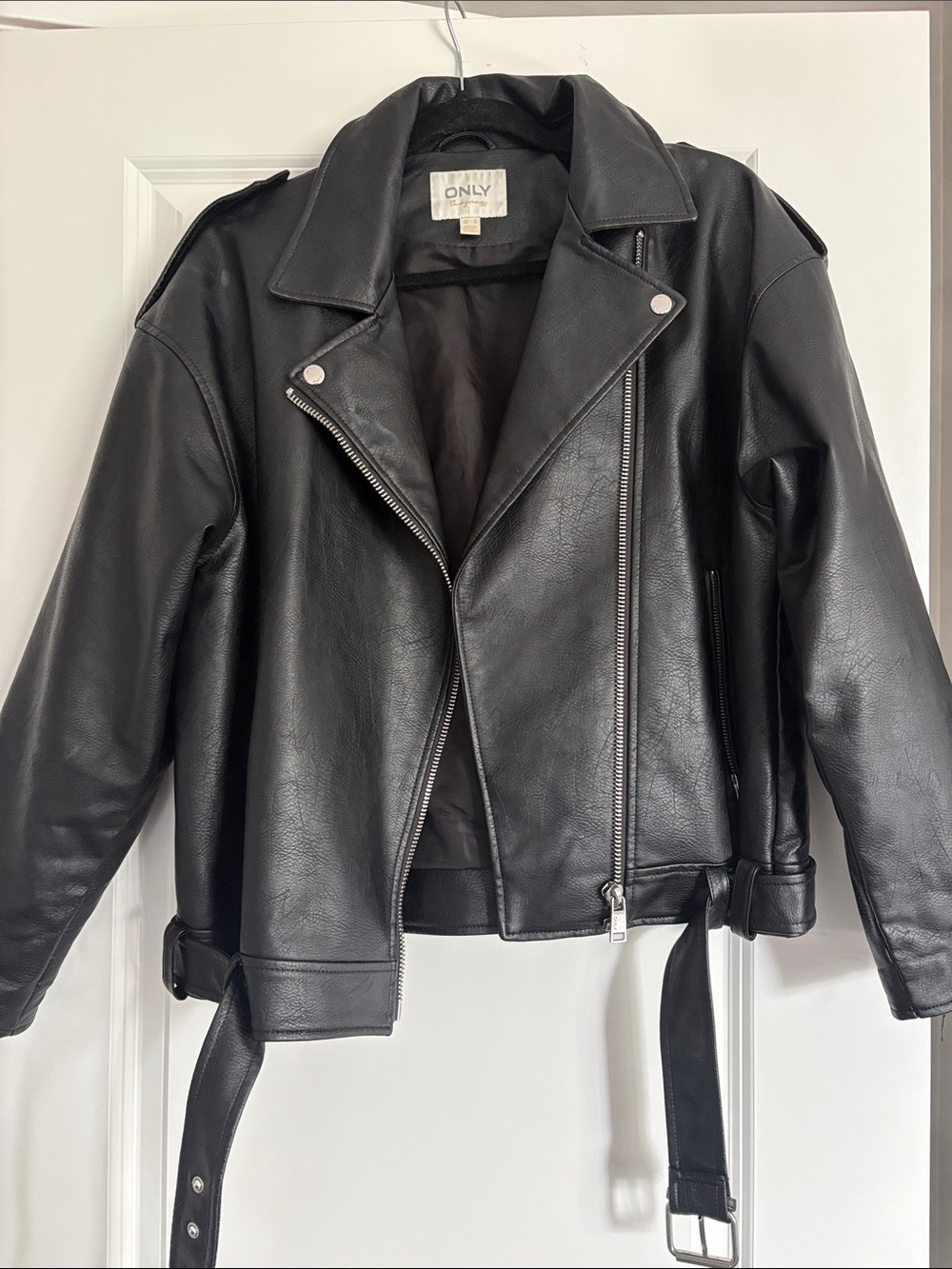 ONLY Black Faux Leather oversized Biker Jacket with Asymmetrical Zip